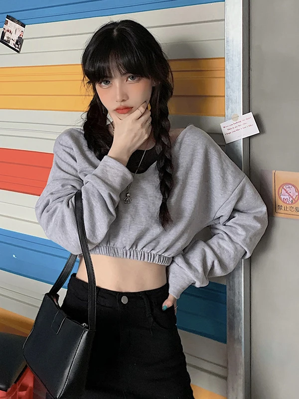 

New autumn long-sleeved short t-shirt V-neck hem college style casual Kawaii cute Women pulovers oversized hoodie sweatshirt