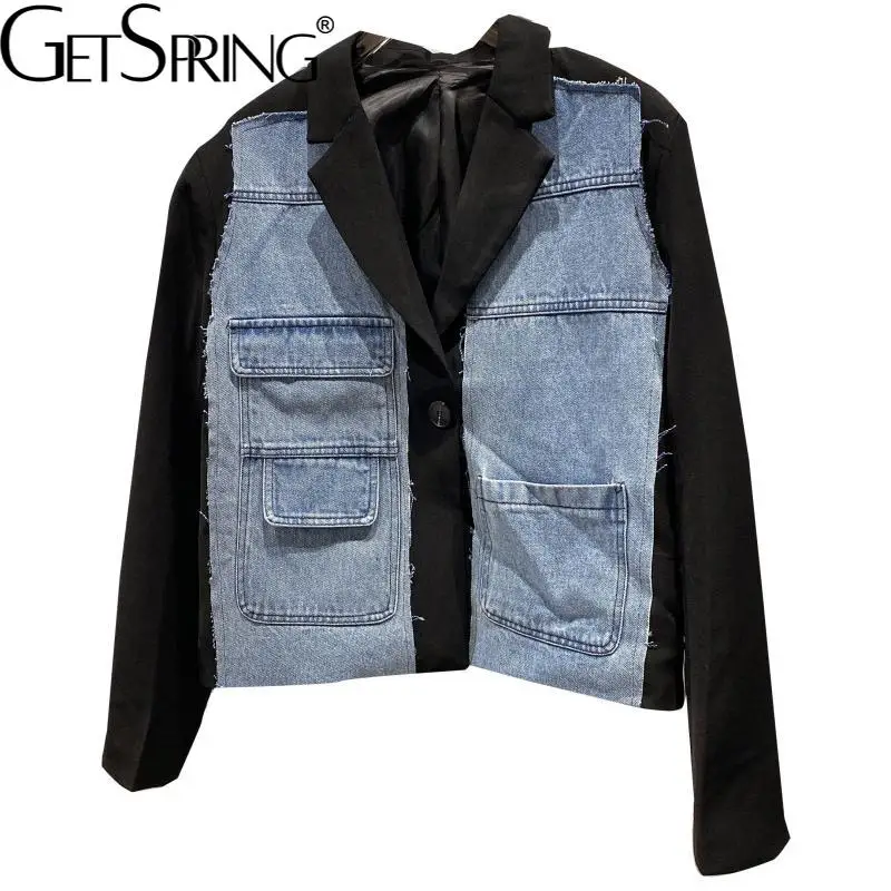 

GetSpring Women Blazer Denim Stitched Black Suit Coat Fashion Irregular Loose Casual Ladies Jacket Autumn 2021 New Female Tops