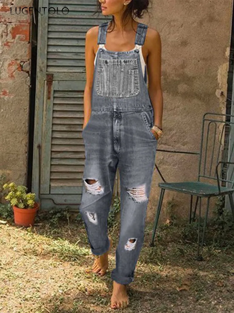 

Lugentolo Women Jeans Overalls Denim Strapless Washed Simple Large Size Ripped Female Casual Fashion Long Jeans 5XL
