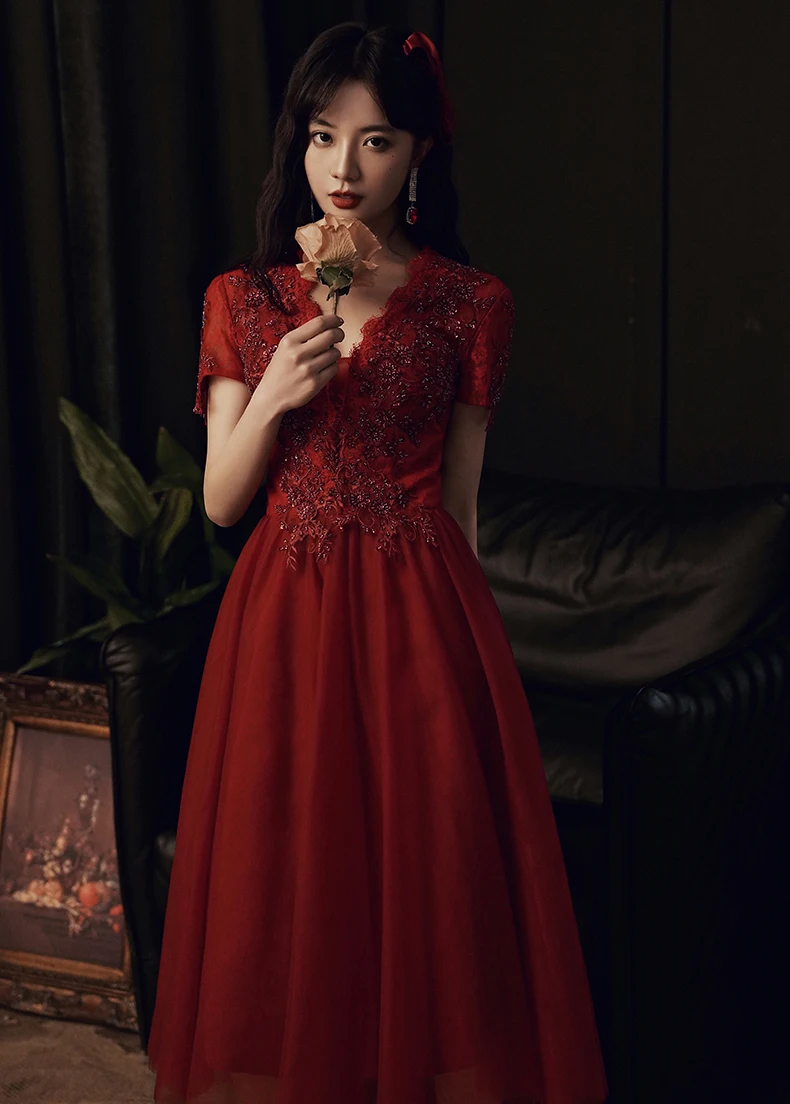 AnXin SH flower wine red lace v neck short sleeve evening dress vintage princess beading sparkly bride party | Свадьбы и торжества
