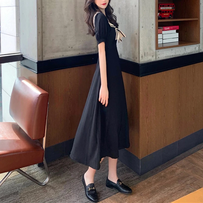 

Vintage Summer New Japanese Sweet Lolita Dress Casual Sailor Collar Vestidos Women Puff Short Sleeve A-line Midi Dress