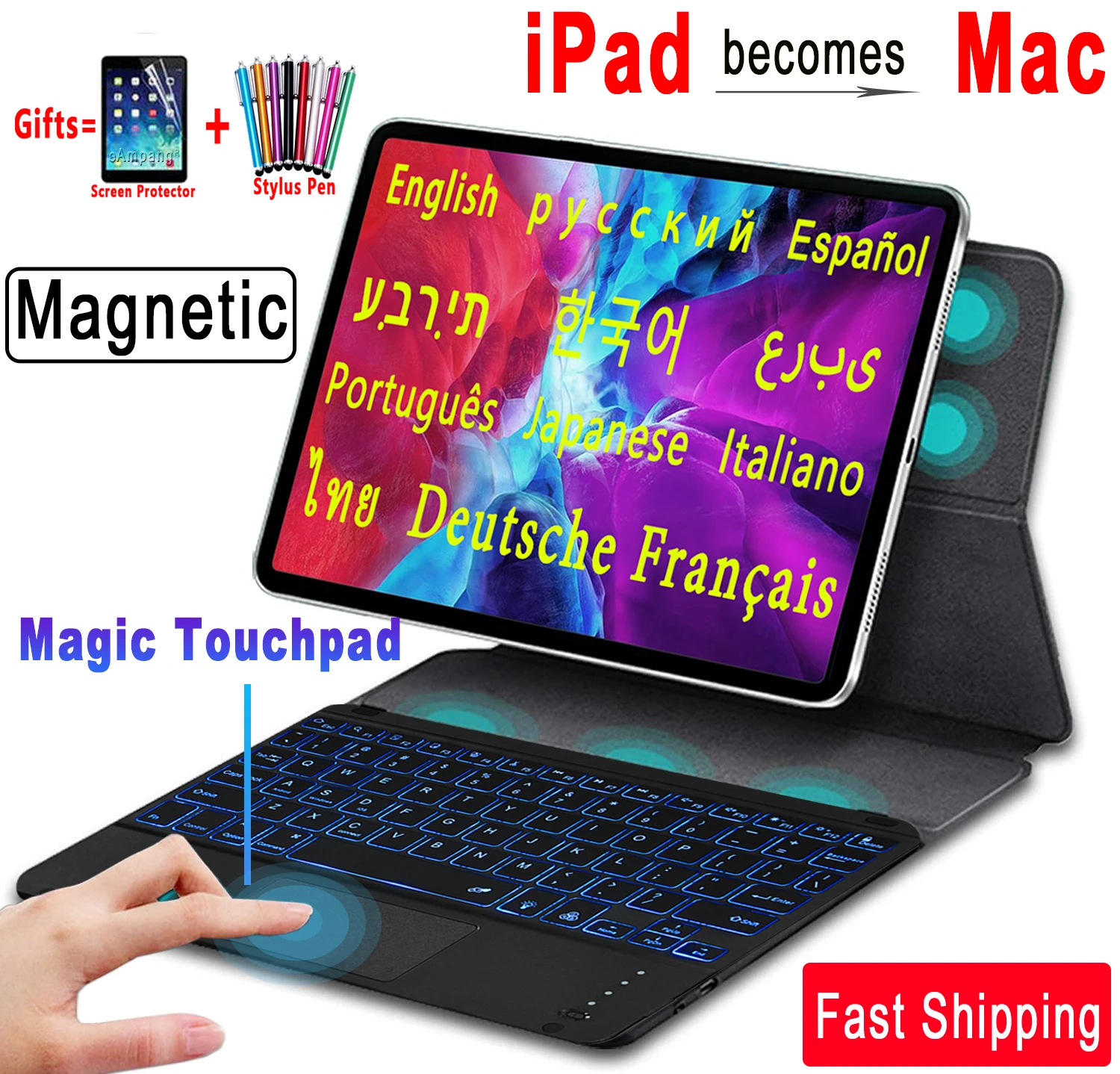 For iPad Air 4 2020 10.9 Magic Keyboard Case For iPad Pro 11 12.9 2021 Keyboard Case Magnetic Cover Russian Spanish Keyboard