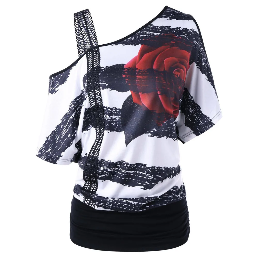 

One Shoulder Fashion Women's T-shirts Striped Summer Tops Woman Casual Short Sleeve Skew Neck Floral Print Tops Tee For Girls