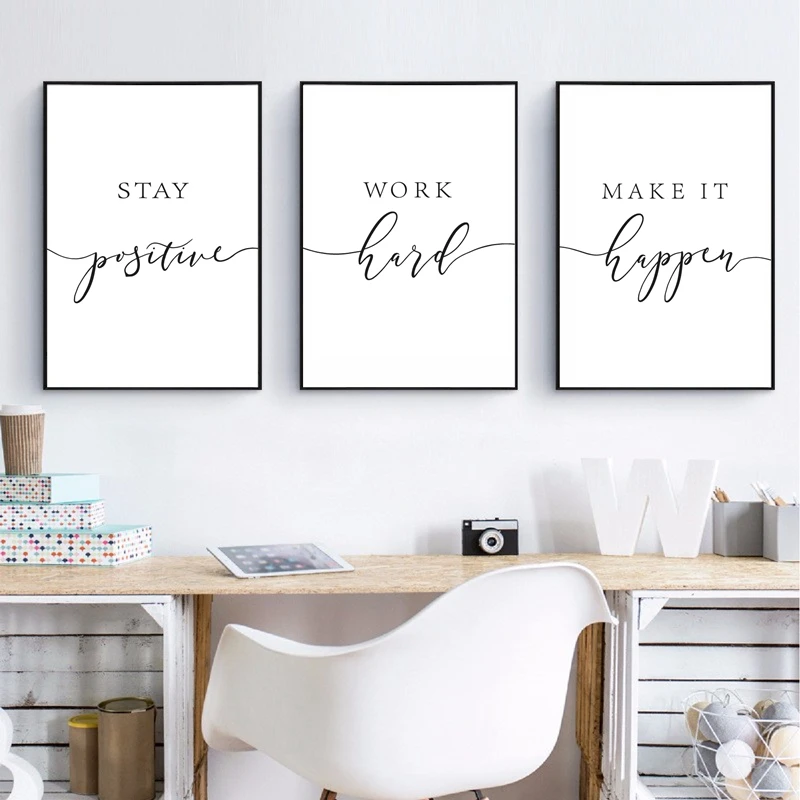 

Stay Positive Quote Print Work Hard Make it Happen Motivational Wall Art Canvas Painting Black Office Wall Decor White Poster