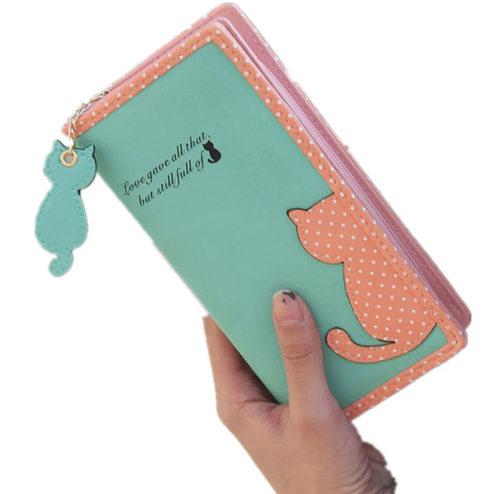 Мужской кожаный кошелек модный новый женский с кошкой длинный сумки