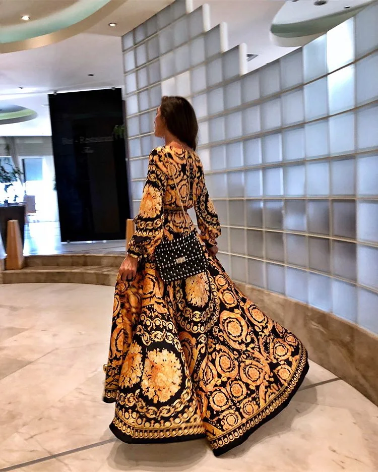 

Zoctuo New Vintage Print Long Sleeve Dresses for Women Deep V Sexy Maxi Dress Lantern Sleeve Fashion Slit Dresses for Women Sexy