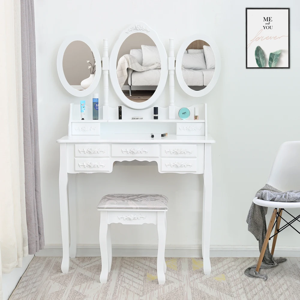 

BUYTOO Foldable 3 Mirrors with 7 Drawers Dressing Table White