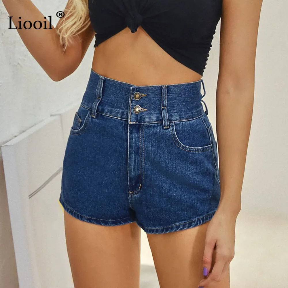 

Liooil Blue High Waist Skinny Denim Shorts Women Summer 2021 Streetwear Button Up Bottoms With Pockets Sexy Bodycon Jean Shorts