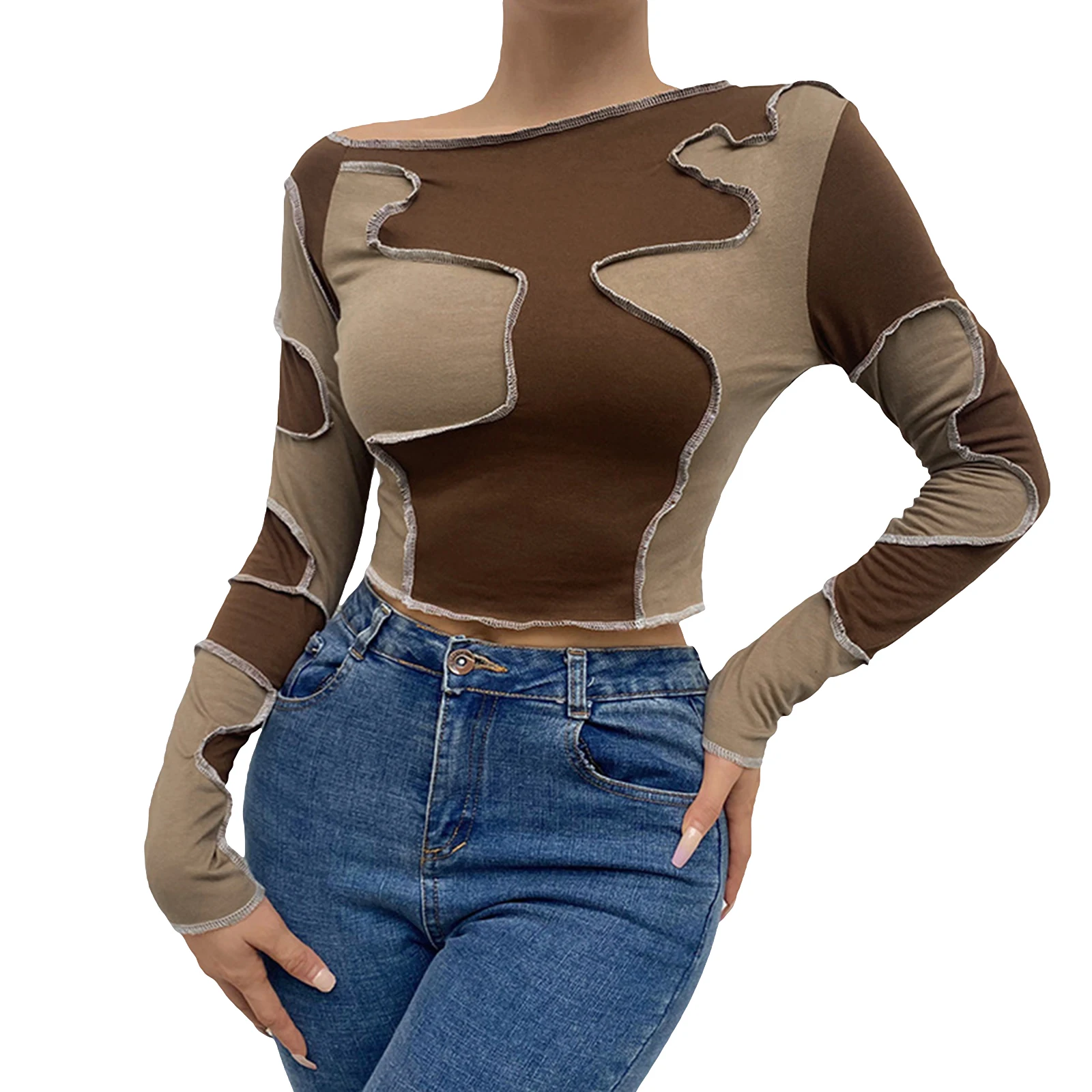 

Женский лоскутный пуловер Hirigin 2021 Y2k, коричневые облегающие кроп-топы с длинным рукавом для осени и весны, S/ M/ L/ XL