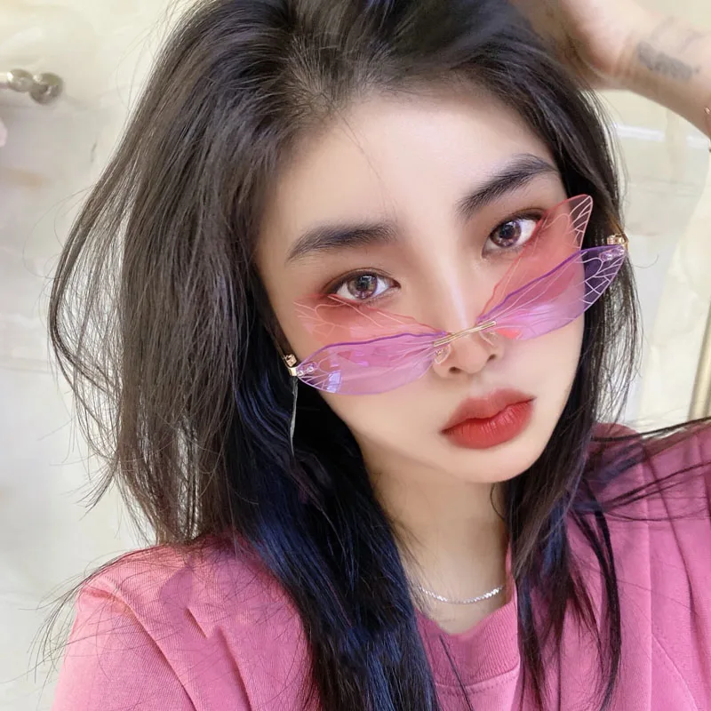 

New Fashion Dragonfly Sunglasses Women Men Brand Design Rimless Wave Eyewear Luxury Trending Narrow Sun Glasses
