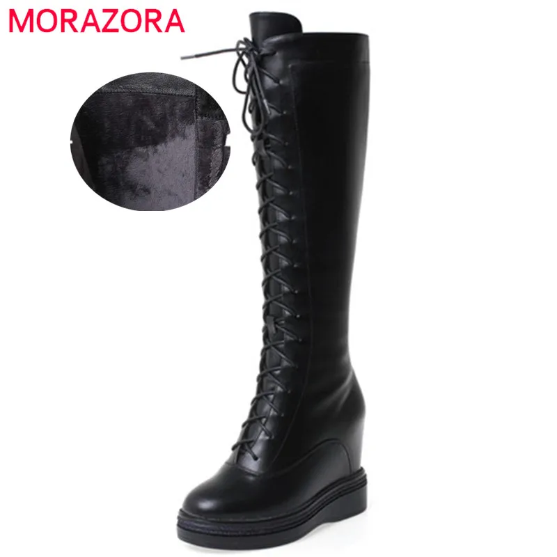 MORAZORA/ г.; модная зимняя обувь; женские сапоги до колена; удобные сапоги на танкетке из натуральной и искусственной кожи; женская обувь; большой размер 40