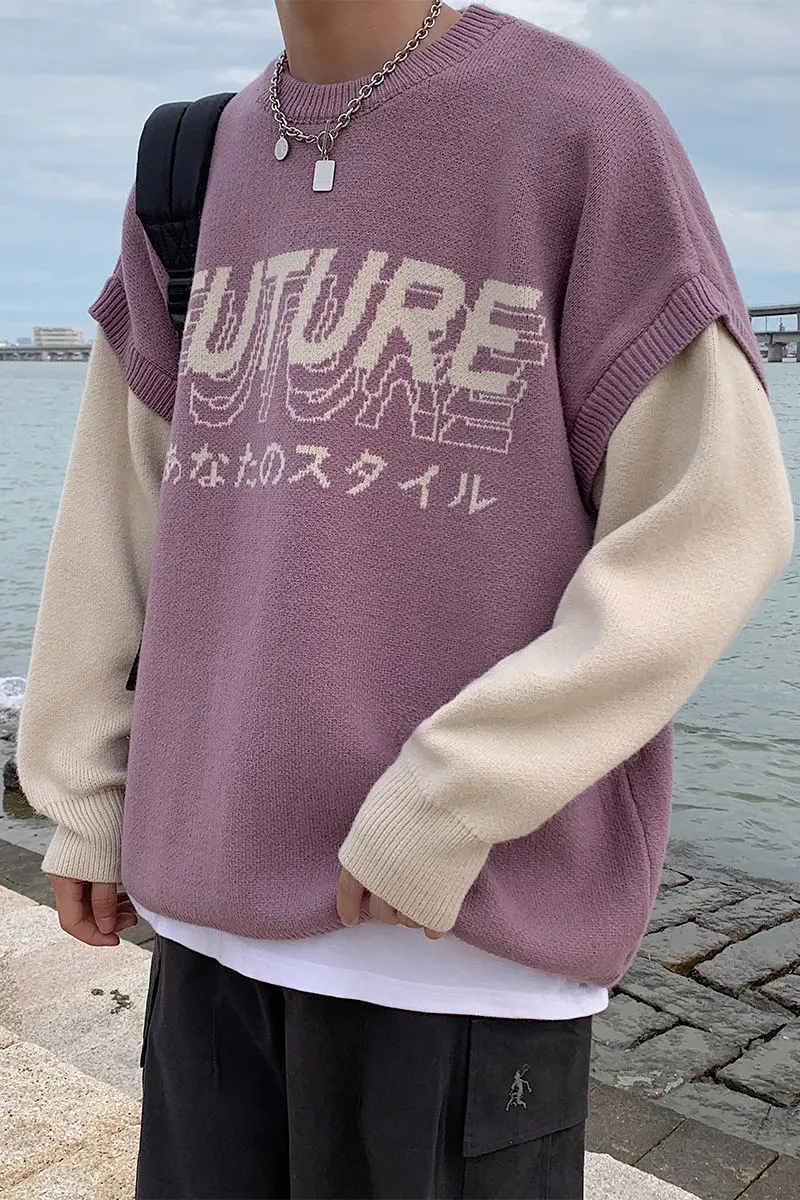 

2020 Autumn And Winter New Youth Popular Korean Personality Pattern Stitching Fake Two-piece Sweater Casual Fashion Pullover