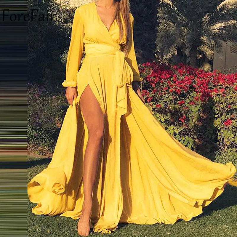 Forefair V Neck Wrap Sashes Sexy Elegant Party Dress Split Long Sleeve Women Maxi Red Club Spring Autumn Lady Vintage Dresses | Женская