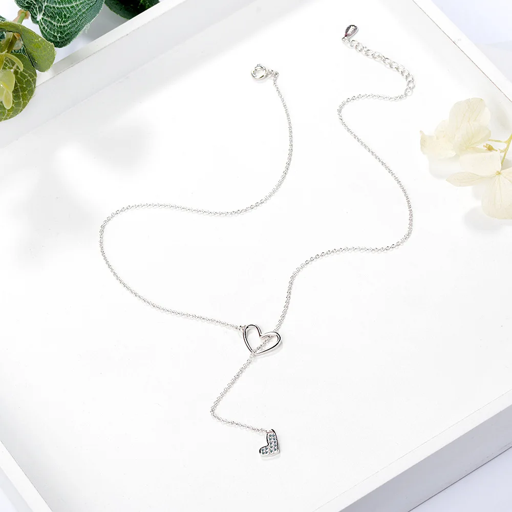 

Charming Zircon Double Love Heart Short Sweater Chain Pendant Necklace For Women Gift 925 Silver color collare bijoux Jewelry