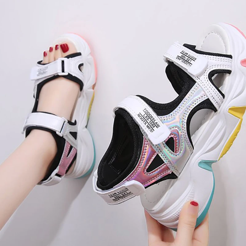 Platform Women Sandals Female Summer New Women Thick Bottom Rainbow Sole Hook & Loop Shoe Wedge With Open Toe Platform Shoes