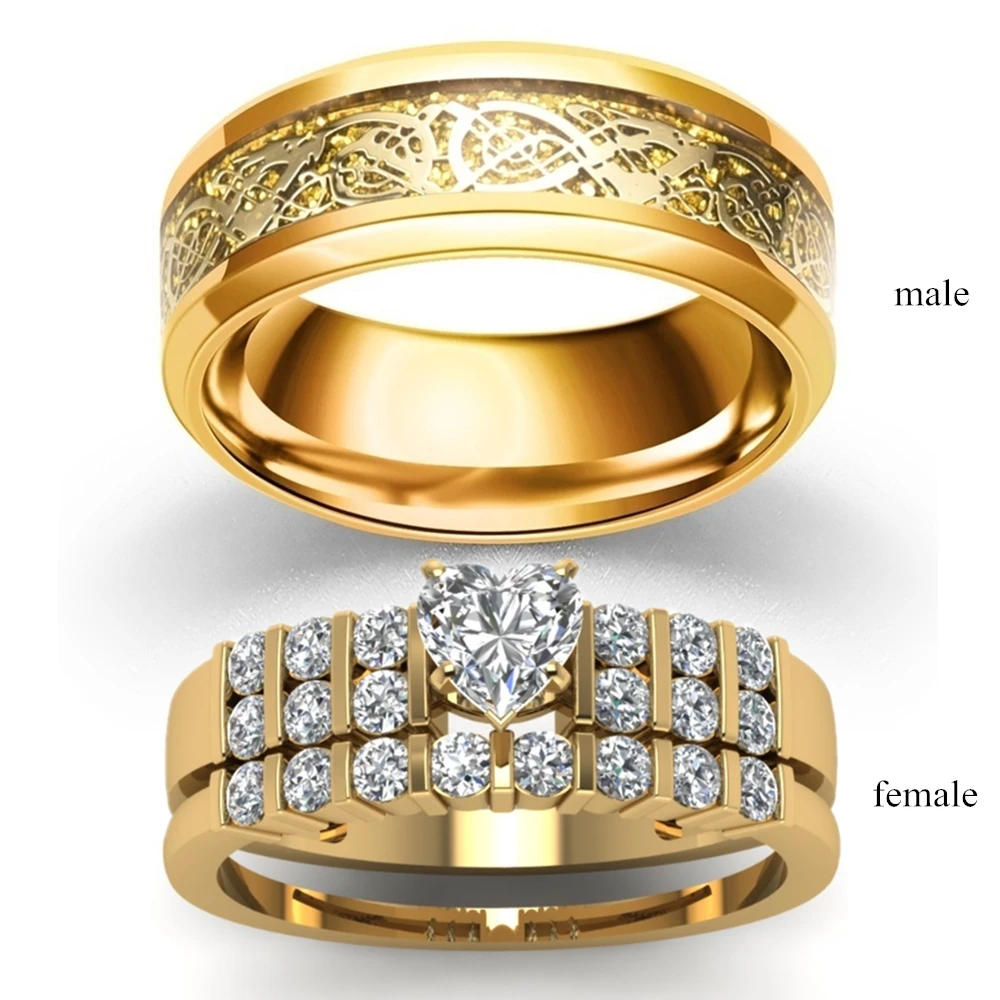 Мужское кольцо из нержавеющей стали с золотым Драконом и женское цирконием набор