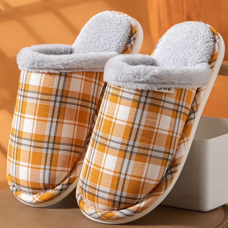 

Winter Mens Home Slippers Gingham Cotton Plush Shoes Man Warm Antiskid Comfortable Indoor Slides Bedroom Footwear Memory Form