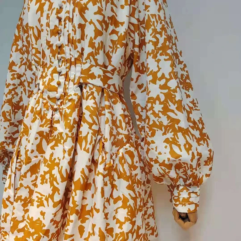 

Vintage Pink Print Dress For Women Stand Collar Lantern Long Sleeve High Waist Slim Mini Dresses Female 2021 Summer