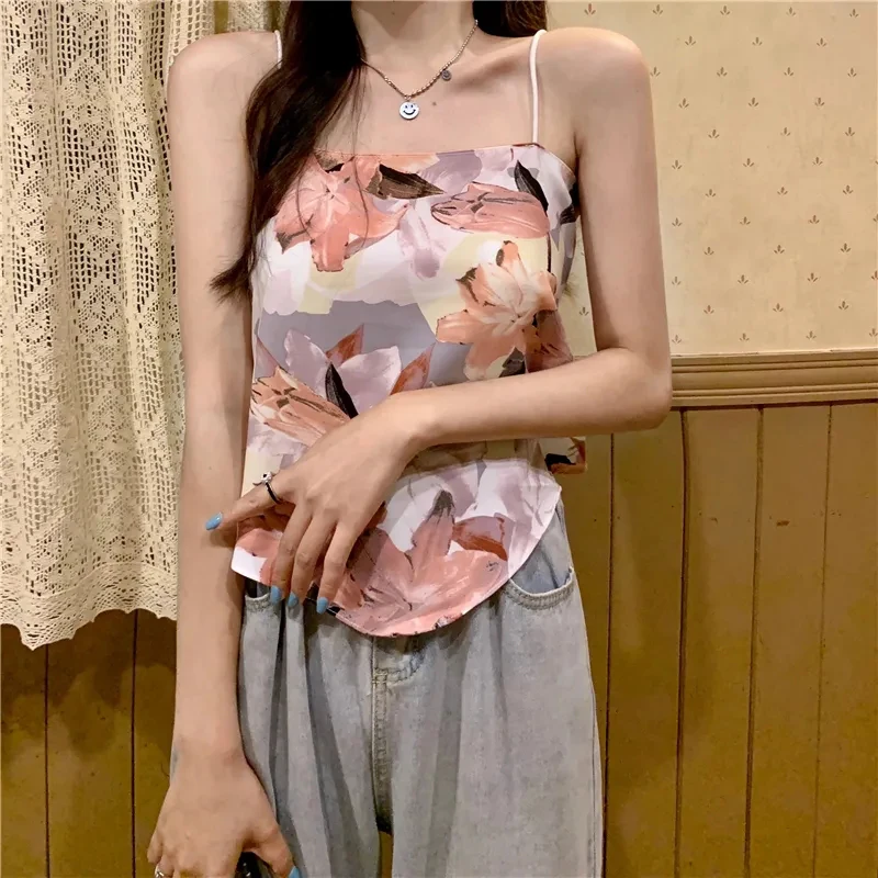 

Summer sling 2021 new hanging neck printing T-shirt women's tube top tall top women sexy vest printed sling outside open back de