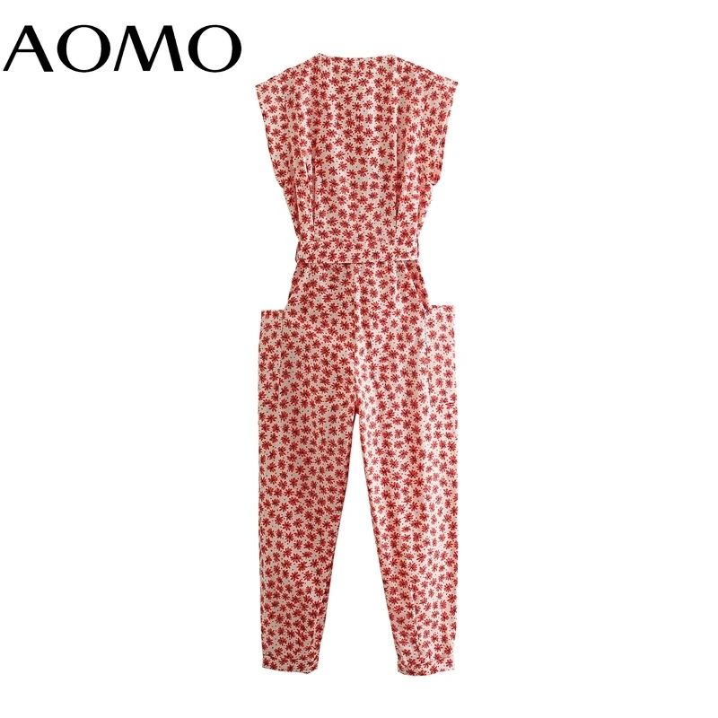 

AOMO Women Floral Print Long Jumpsuit with Slash Pocket Waist Strap Female Casual Jumpsuit 5Z263A