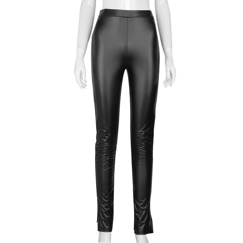 

OrangeA Women Fashion Faux Leather Pants Y2K Trouser Split Pencil Black High Waist Streetwear Elegant Sexy Skinny Slim Clubwear