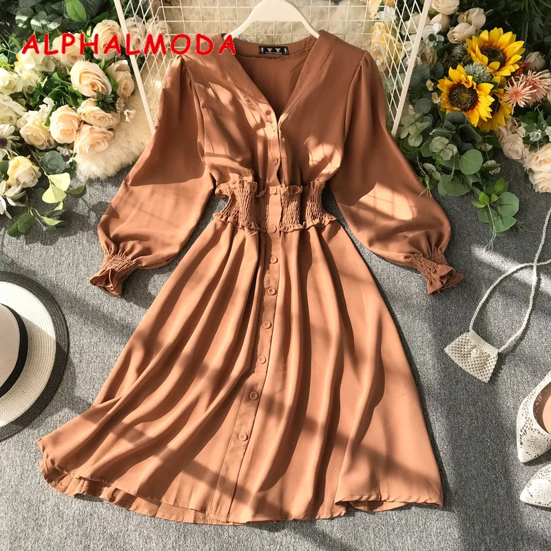 Женское однотонное шифоновое платье ALPHALMODA однобортное с V образным вырезом и