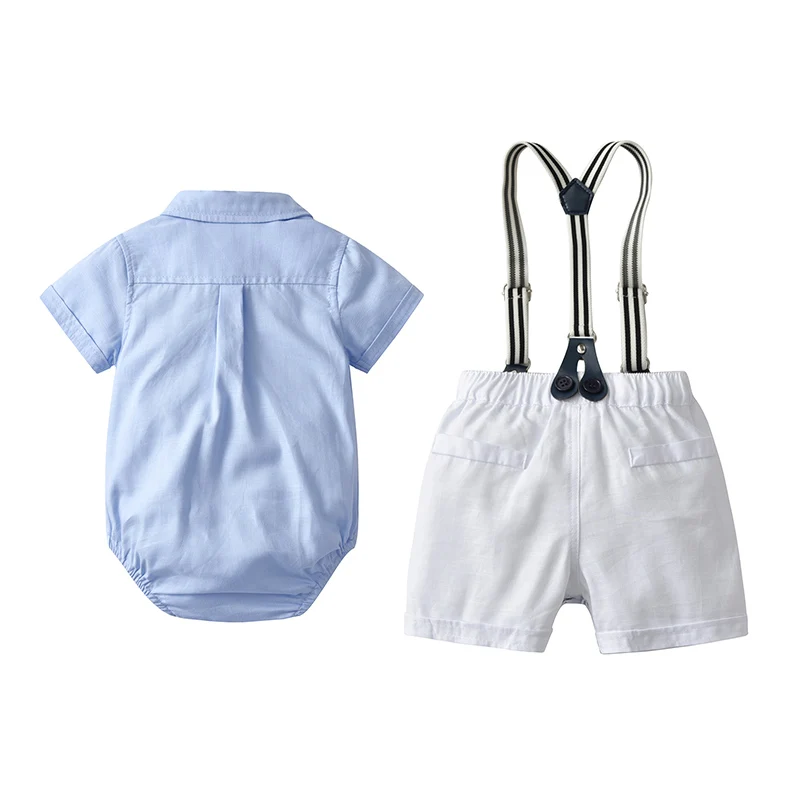 Solid Newborn Baby Boy Outfit Set Bow Formal Gentleman Suit for Toddlers Summer Sky Blue Romper + White Shorts Clothes for Baby