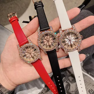 Brand Leather Strap Watches for Women Luxury Full Crystals Dress Watch Shell Lotus Flower Wrist watch Roman Girls Students Clock