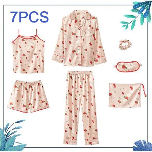 

Women Casual Sleepwear Kimono Bathrobe Gown Cartoon Satin Pijamas Suit 7PCS Pajamas Set Cute Home Clothing Print Nightwear