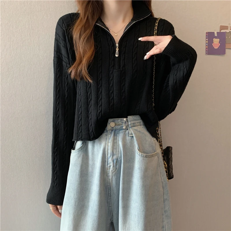 

Fashion Stand-UP Collar Zipper Pullover Sweaters Women‘s Loose Long Sleeve Jumpers Female Winter Solid Knitting Sweater A64