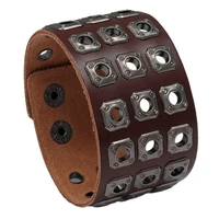 hot selling jewelry retro three row square nail punk mens leather bracelet new accessories