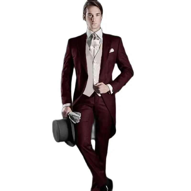 Customize Morning Style Groom Tuxedos Men Prom Dress Business Suits Coat Waistcoat Trousers Sets (Jacket+Pants+Vest+Tie) K:1300