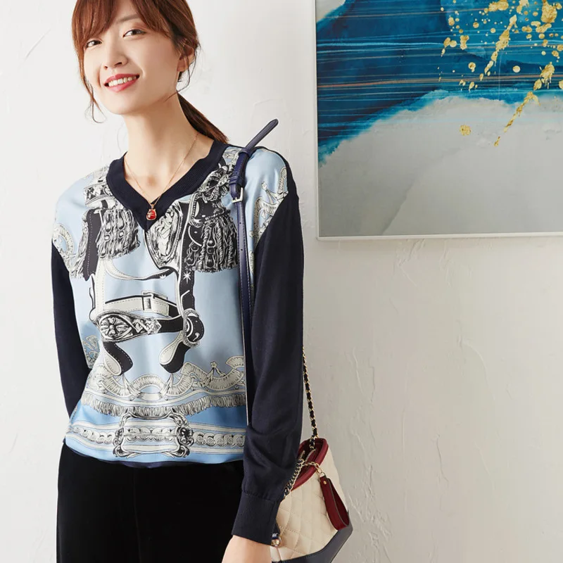 

New wool silk Printed pure silk joining together sweater knitting loose woman sets long sleeved v neck sweater