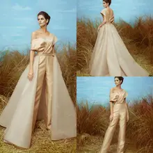 2021 Prom Jumpsuit With Detachable Train Gold Evening Dresses Off Shoulder Satin Elegant Formal Dress Party Vestidos Fest (2)