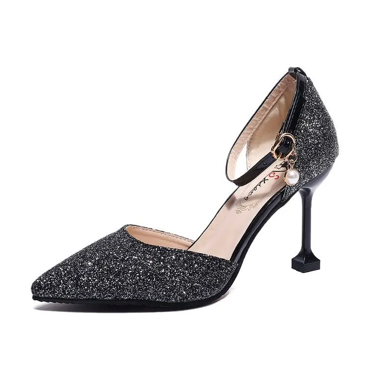 

2019 summer new solid color pointed shallow mouth stiletto high heel women fashion hollow word buckle with Korean sandals