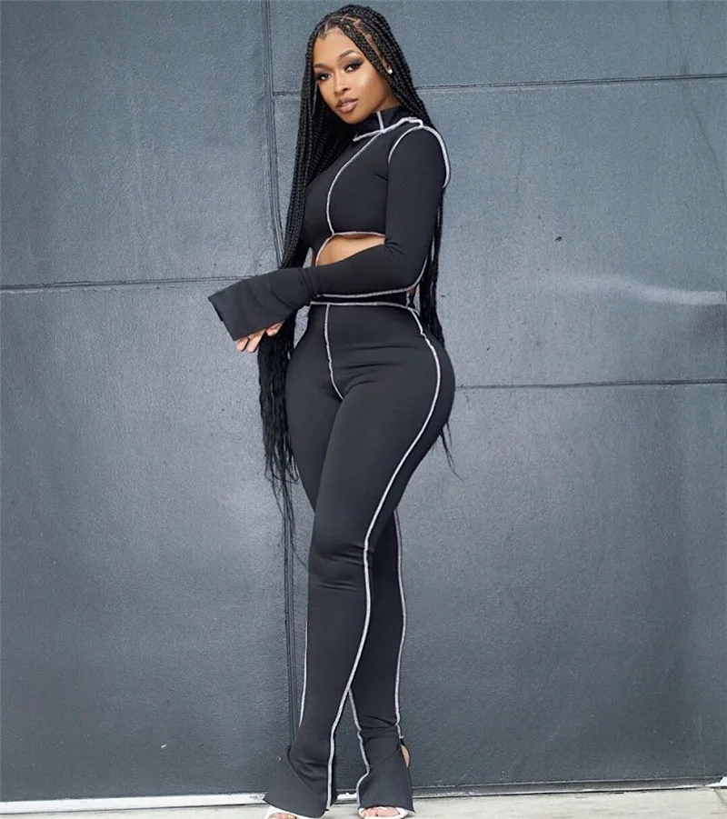 

Костюм в полоску CHRONSTYLE из 2 предметов, футболка с длинными расклешенными рукавами, укороченные топы, Клубная уличная одежда, длинные расклеш...