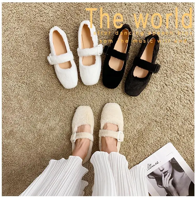 EOEODOIT Autumn Ballet Flats Shoes Casual Fur Shoes Square Toe Retro Fashion Women Lady Elegance Flat Heel Shoes