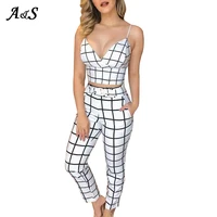 anbenser women two piece sets summer short sleeveless grid v neck wrapped plaid cami top high waist bodycon ankle length pants