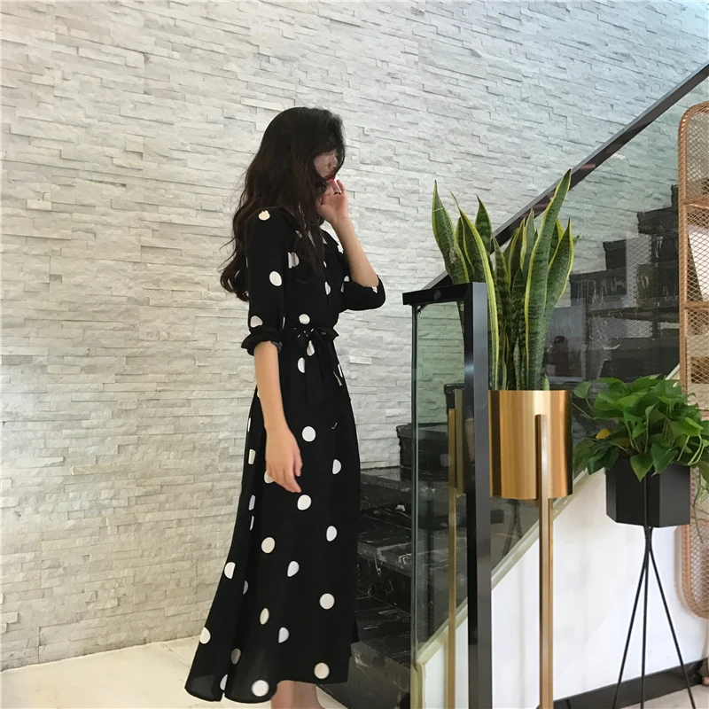 Женское черное платье макси в горошек длинные кружевные платья с V образным