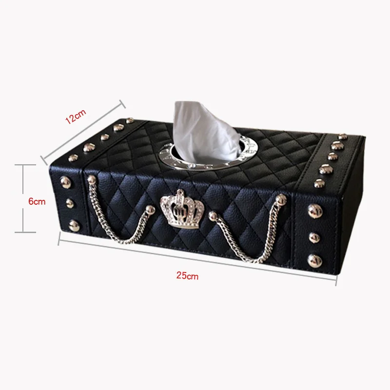 

Fashion Punk Style Car Tissue Box Luxury Crown Leather with Crystal Rhinestone Paper Tower Storage Women
