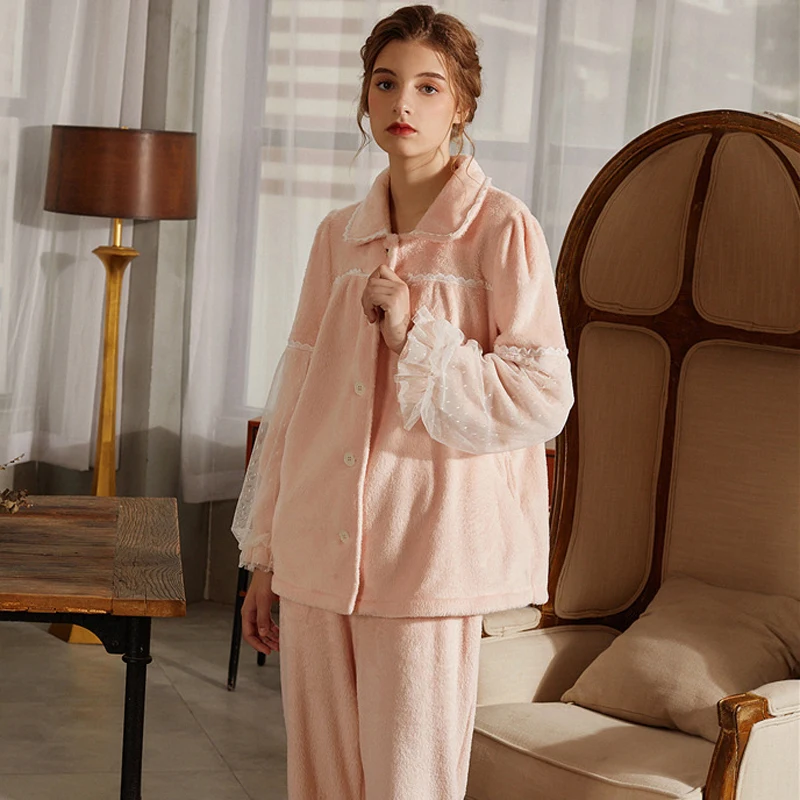 

Roseheart New Winter Pink Women's Sleep Nightwear Suits Pajama Sets Sleepwear Suits Flannel Plus Size Nightgown 2 Pieces