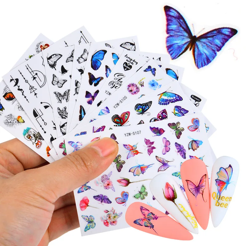 Holographic Butterflies Nails Art Manicure Stickers Blue Black Decals Spring Theme Flowers Nail Decoration Manicure