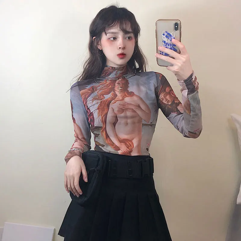 Новинка Винтажная футболка с длинным рукавом и рисунком в виде татуировки