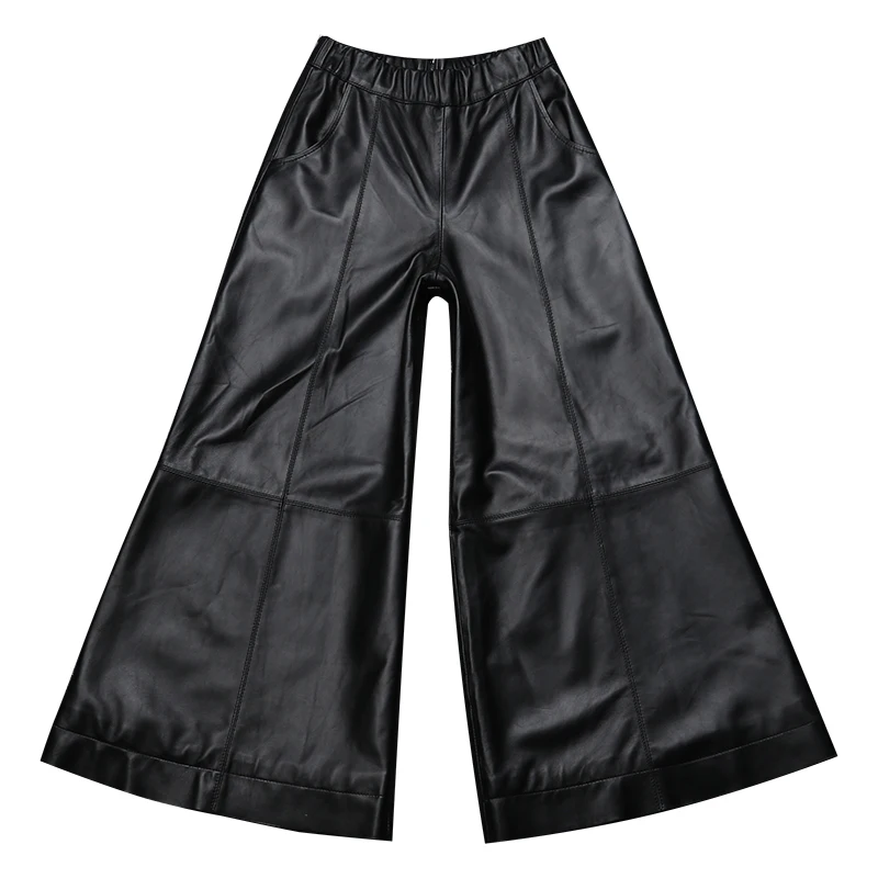 

Brand Genuine Leather Wide Leg Pants Women Street Elastic Waist Zipper Casual Flare Pants Sheepskin Loose Trousers Female S-3XL