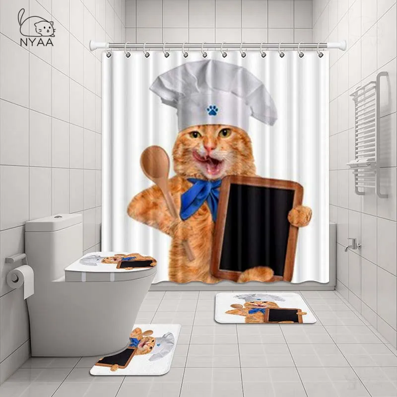 NYAA 4 шт. Британский короткошерстный кошачий душ занавеска пьедестал ковер крышка туалет коврик для ванной коврик набор для декора ванной комнаты - Цвет: NY5274