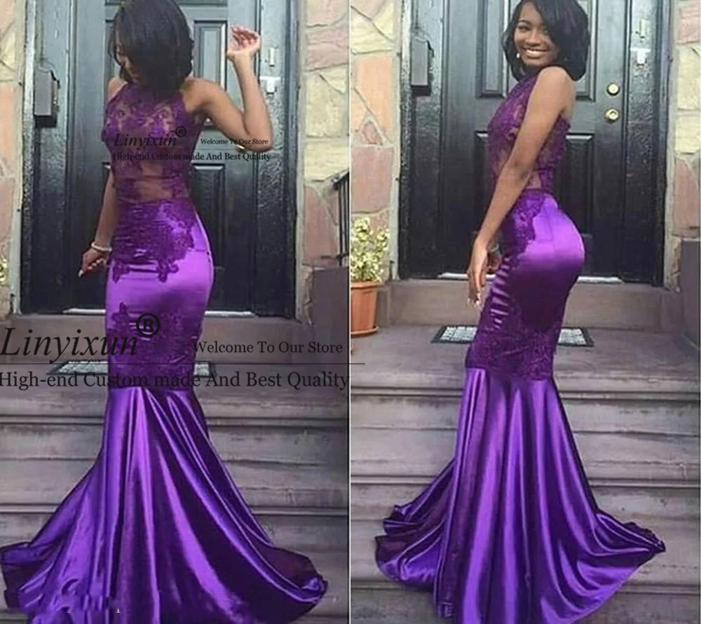 

Sexy Purple Halter Neck Mermaid Prom Dresses 2021 Cheap Sleeveless Lace Appliques Dresses Evening Wear Arabic Party Gowns