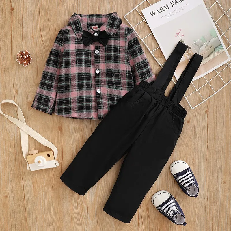 

Newborn Baby Boy Gentleman's Suit Plaid Shirt Long Sleeve Top+Pants 2Pcs Set Baby Boy Costume Toddler Baby Boy Party Suit