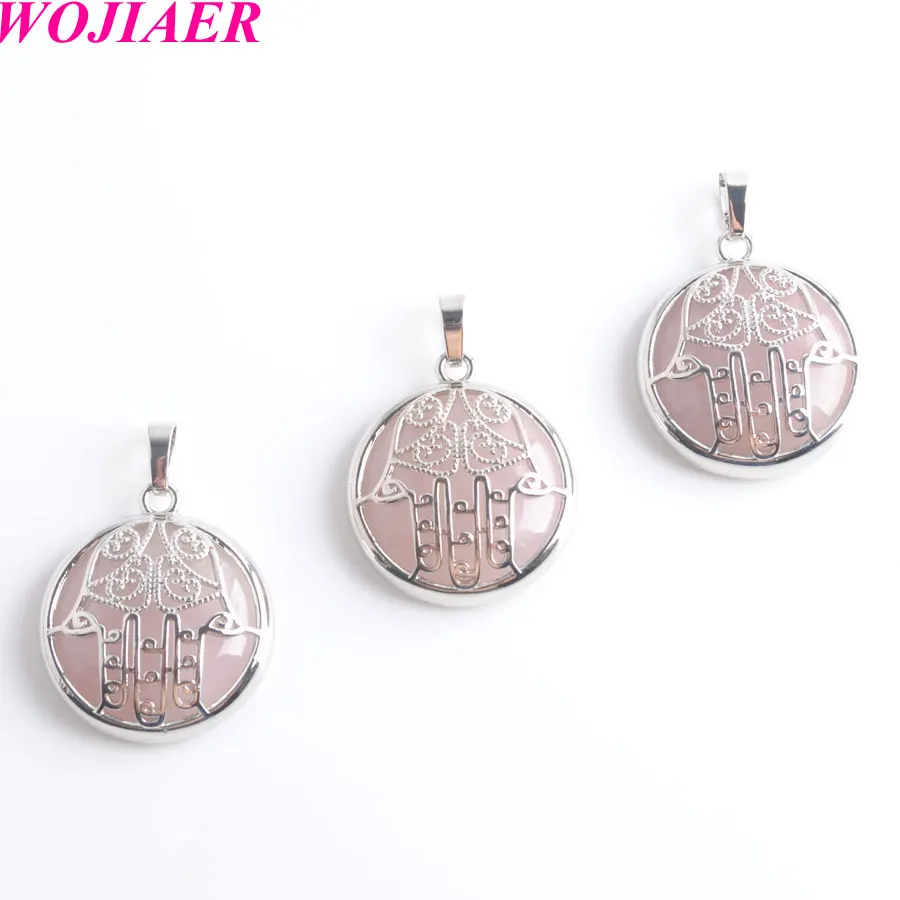 

WOJIAER Natural Stone Cabochon Crystal Pendants Pink Rose Quartzs Fatima Hamsa Hand Amulet Silver-color Charm Jewelry PW9028