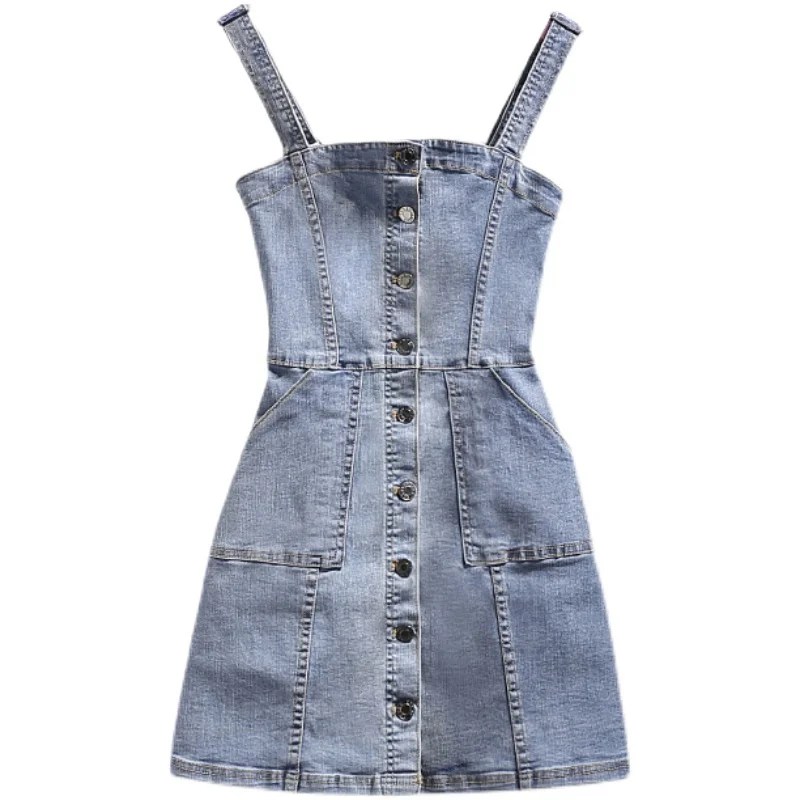 

Casual Denim Dress Female High Waist Spaghetti Strap Dress High Waist Pocket Mini Dress Plus Size Women Fashion Sexy Dresses