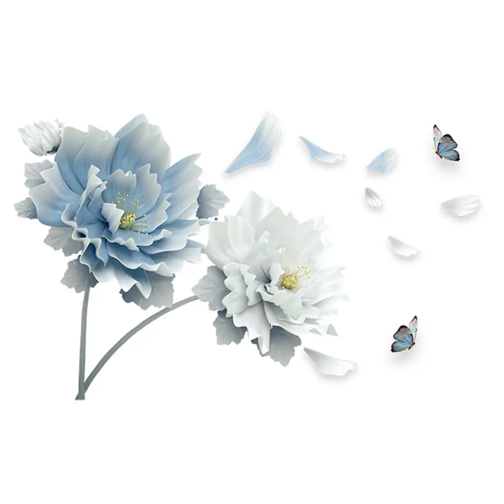 

Large White Blue Flower Lotus Butterfly Removable Wall Stickers 3D Wall Art Decals Home Decor Mural Art for Living Room Bedroom
